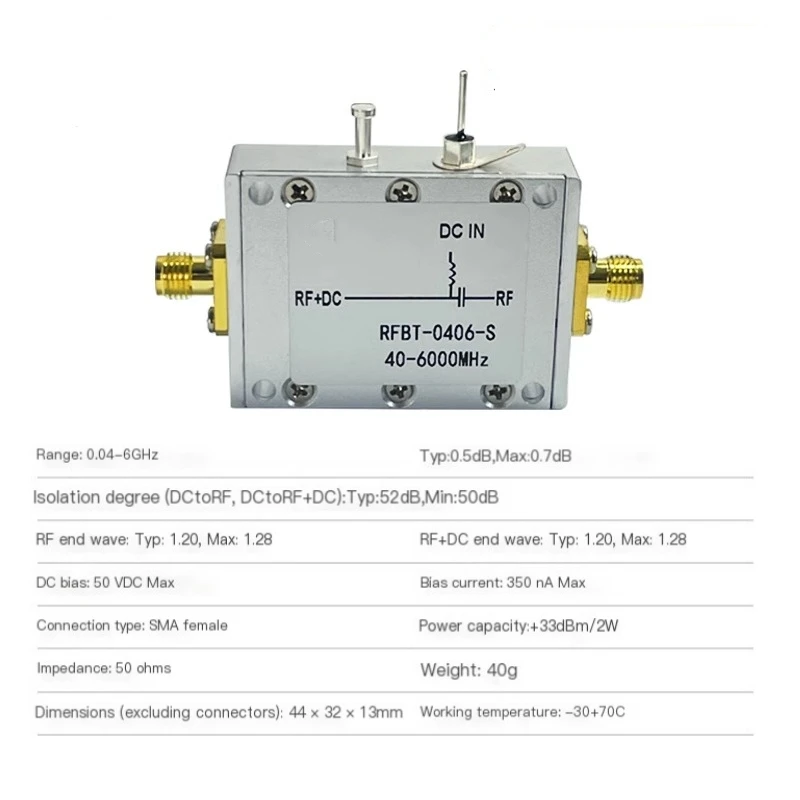 SMA RF Biaser 0.04-6G bias tee DC Feed Box Coaxial Feed 40-6000MHz