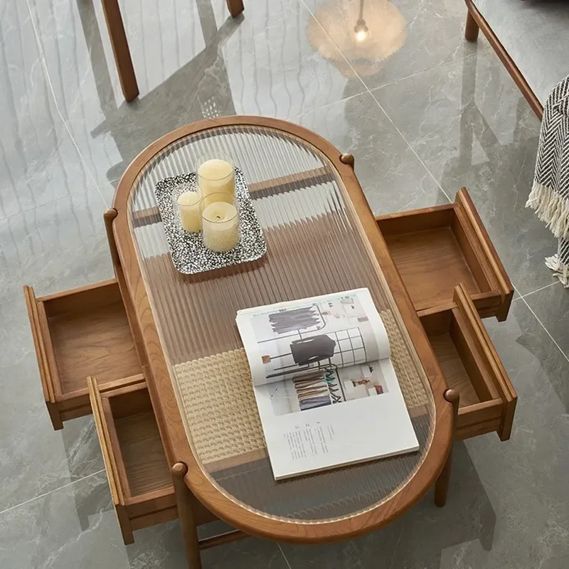 Quiefeng Solid Wood Rattan Coffee Table Oval Cherry Ash Wood Japanese Style Small Apartment Living Room Household Furniture