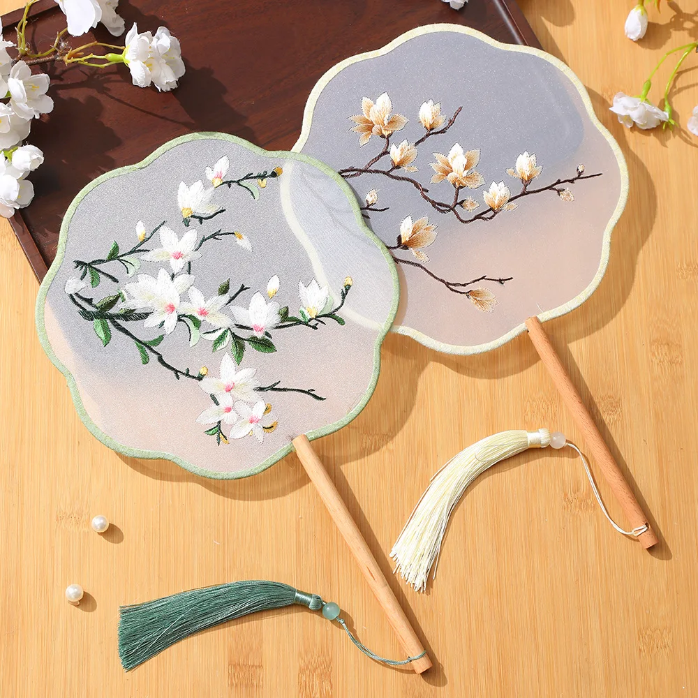 Embroidered Group Fan Ancient Style Fan Summer Long Handled Tassel Dance Hanfu Palace Fan Children\'s Cheongsam Round Fan