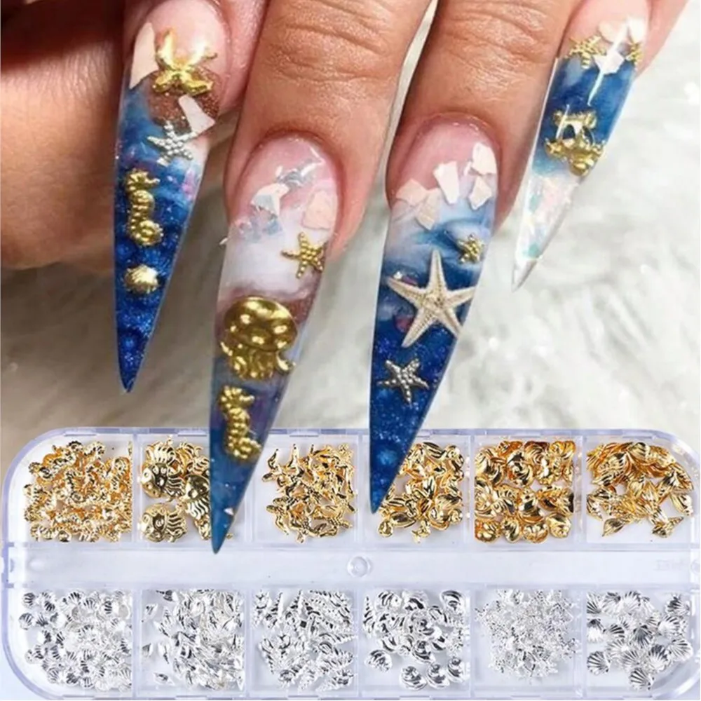 12 griglie 3D oro argento estate oceano pendenti per unghie lega stella marina/conchiglia/conchiglia rivetti metallici assortiti vita marina decorazione per unghie