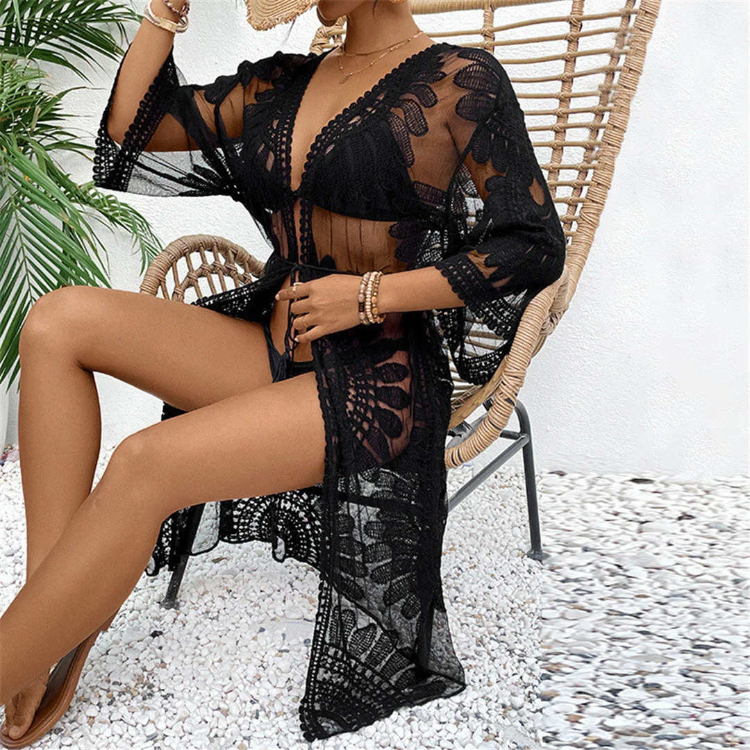 Sexy, bestickte, halblange Chiffon-Strickjacke, Tunika, Strandkleid, Strandmode, Damen, V5510 – Detail 11