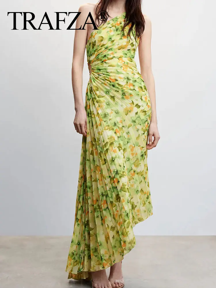 TRAFZA-Robe de Soirée Élégante à Volants pour Femme, Tenue Plissée, Dos aux, Fibells, Longue