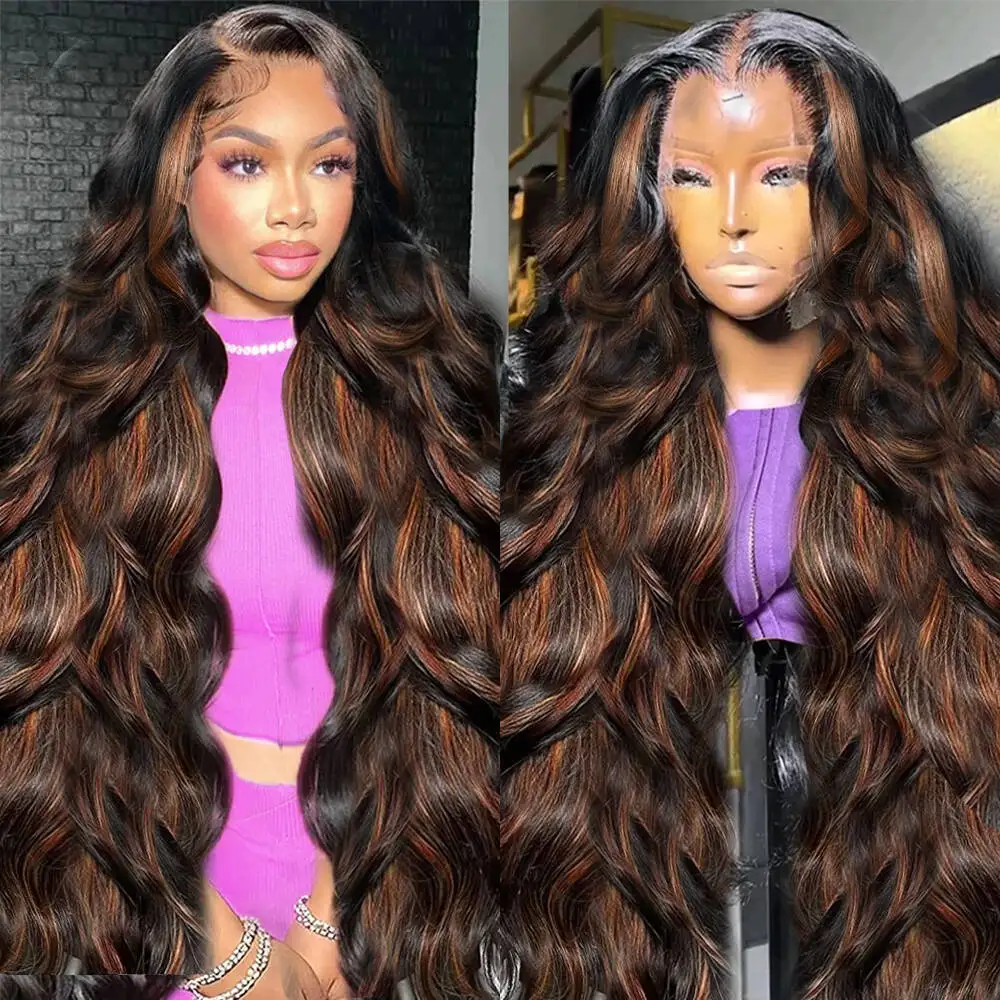 13x4 13x6 HD Transparent Lace FB 30 Highlight Colored Body Wave Full Frontal Human Hair Front Remy Wigs 220 Desnity 40 46 Inches