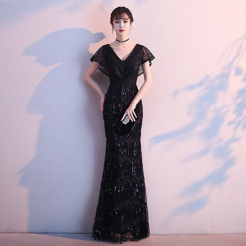 

2025 New Style Black Form-fitting V-Neck Women's Evening Dress Mermaid Luxury Gala Prom Dress