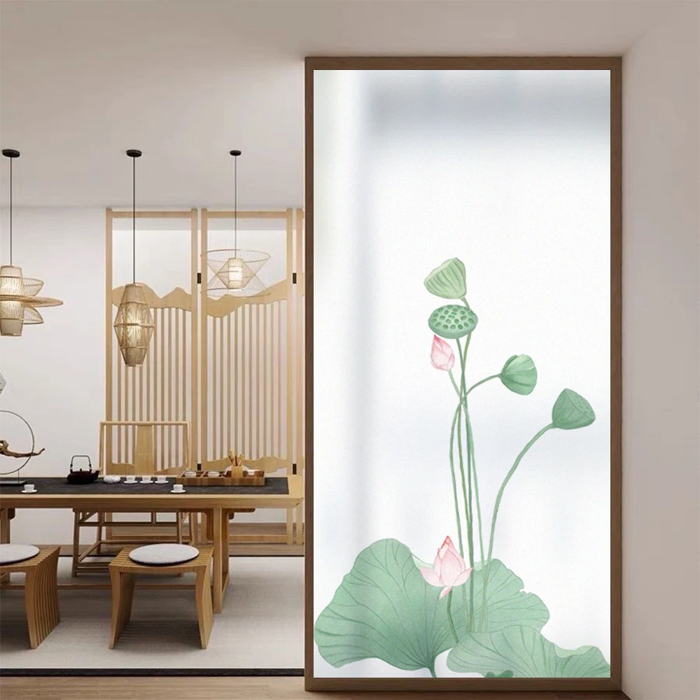 

Privacy Glass Window Frosted Decoration Film Lotus Pattern Sun Blocking Anti UV Non-glue Static Cling Stained Glass Door Sticker