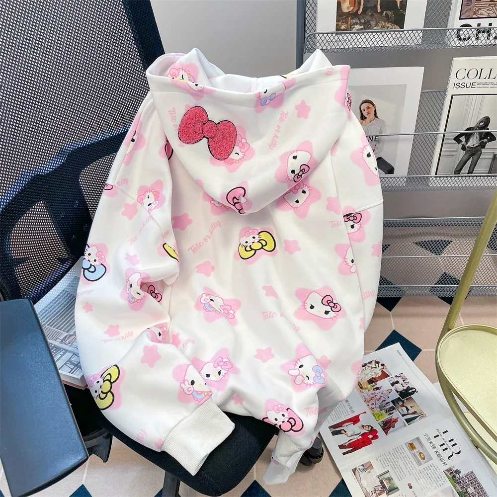 2024 Sanrio Hello Kitty Hooded Cardigan Jacket Kawaii Girl Autumn Vintage Coat Comfortable Cute Cartoon Women Hoodies Gifts