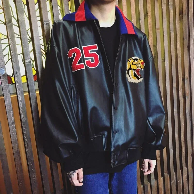 

Premium PU Leather Motorcycle Coat for Men Korean Style Tiger Head Embroidery Jacket​