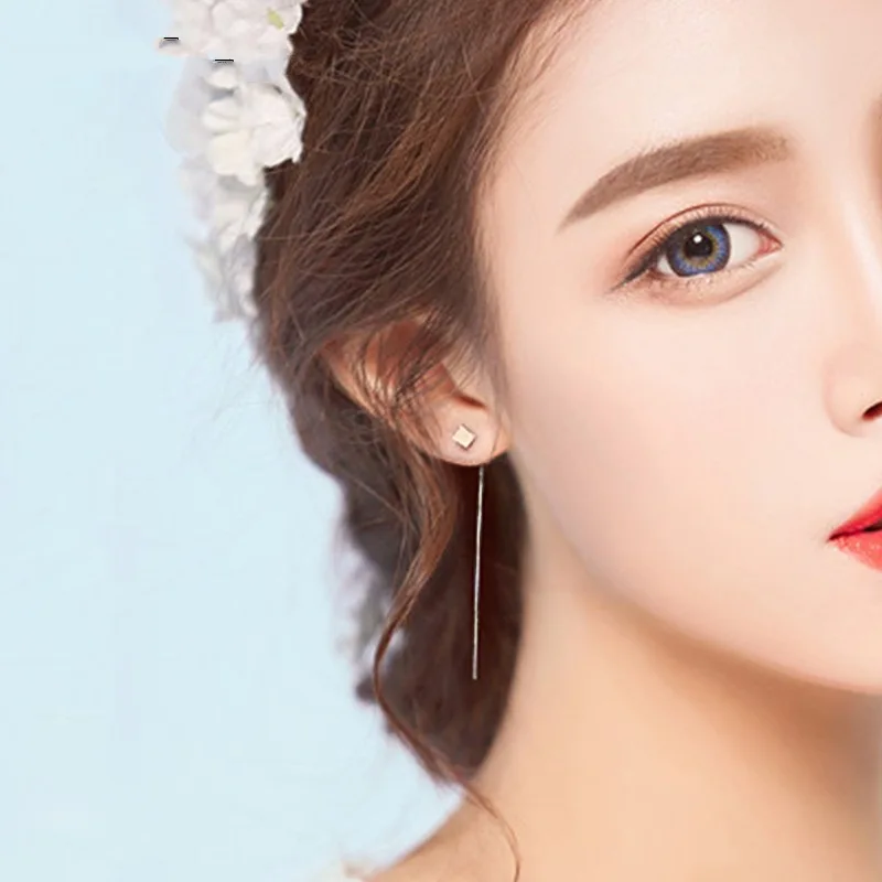 Best-selling celebrity-similar cubic-shaped earrings with fringes, elegant and sweet look for women. Korean silver jewelry.