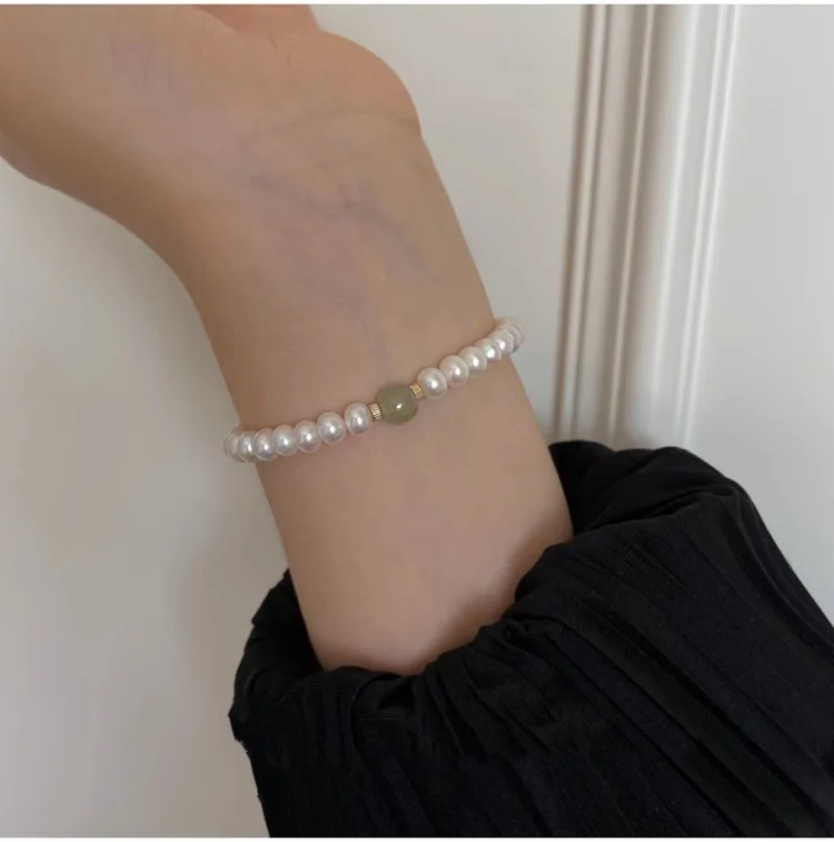 High Quality Near Round Natural Freshwater Pearl & Hotan Jade Female Beads Chain Bracelet Jewelry For Women Birthday Gifts