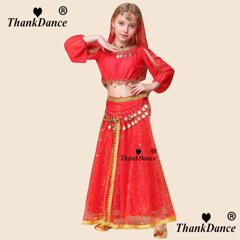 

4 шт. новые детские костюмы для танца живота для девочек, восточный индийский комплект для танцев Болливуда, детский арабский костюм для танца живота на Хэллоуин, карнавальный костюм