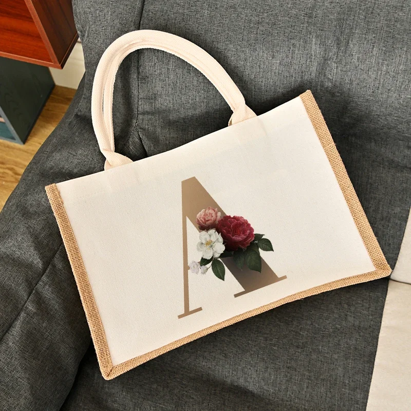 

Reuseable Eco-Friendly Burlap Jute Tote Shopping Bag Gold Letter Print Tote Bag Multifunctional Handmade Bags Ladies Handbags