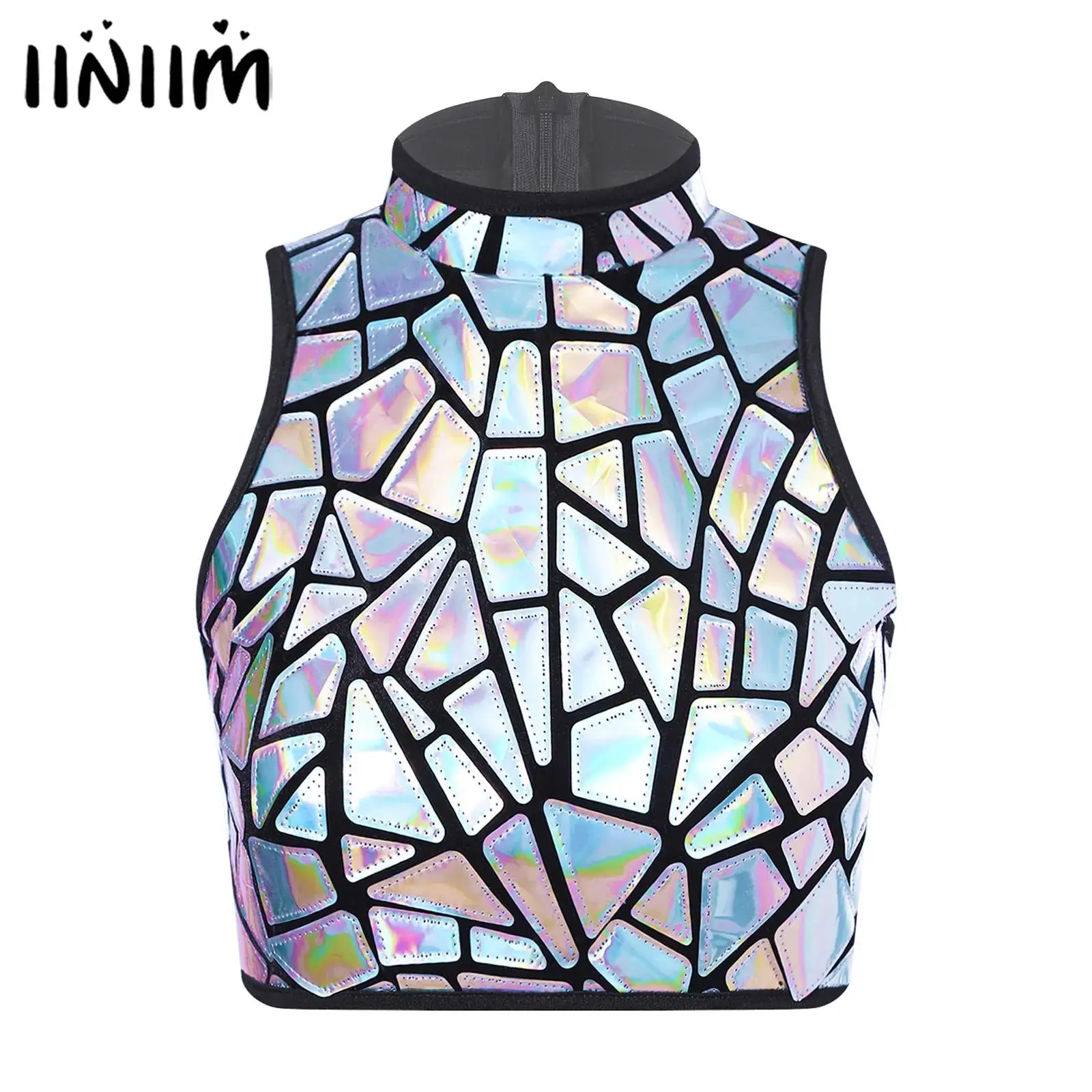 Damen-Tanktop mit holografischem Druck, glänzend, mit Pailletten, schillernd, Stehkragen, Reißverschluss hinten, kurze Weste, Bühnenkostüm, Rave-Party, Clubwear