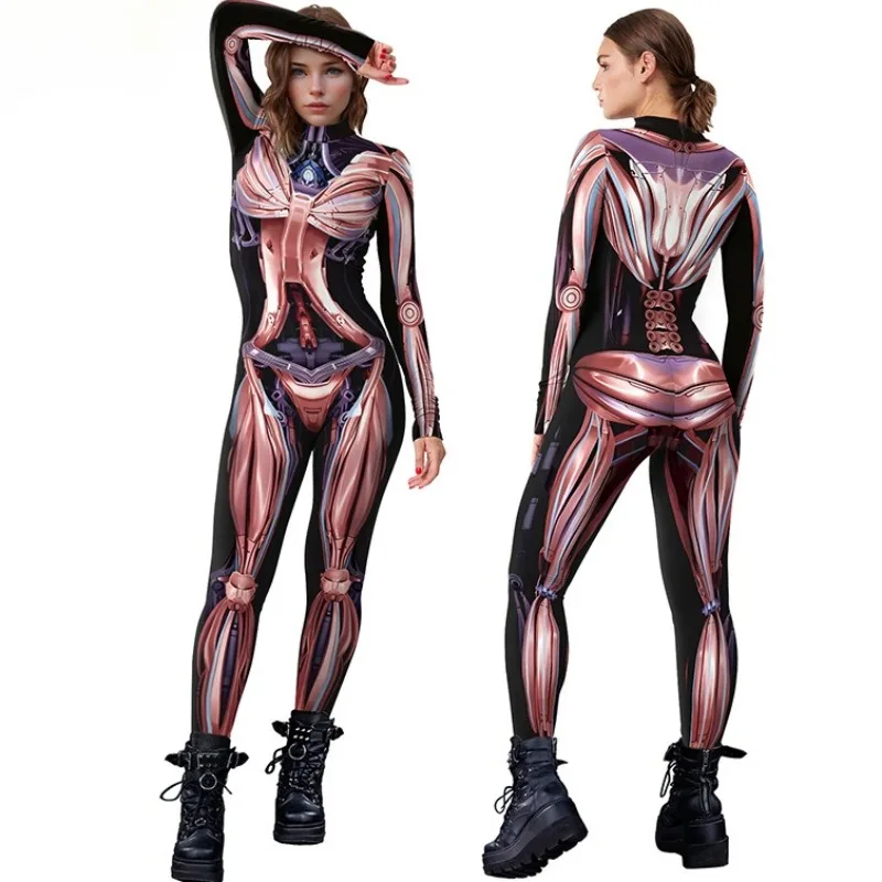 Mechanische Pantser Spierprint Cosplay Kostuum Vrouwen Mannen Grappige Jumpsuits Halloween Carnaval Party Performance Zentai Bodysuit