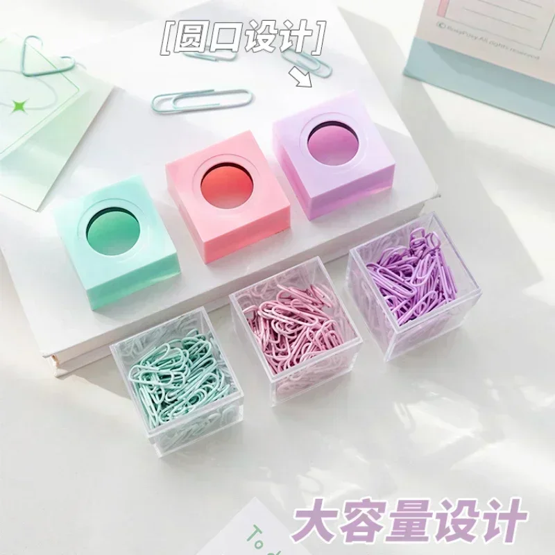 1Set Macaron Color Paper Clips Office School Paperclips Transparent Storage Box with 18pcs Paper Clips for Office Supplies