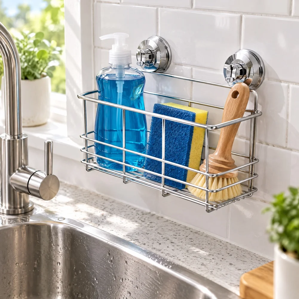 Stainless Steel Suction Cup Shower Shelf No Drill Twist Lock Deep Basket Organizer For Bathroom Kitchen For Rv Wall Storage Rack