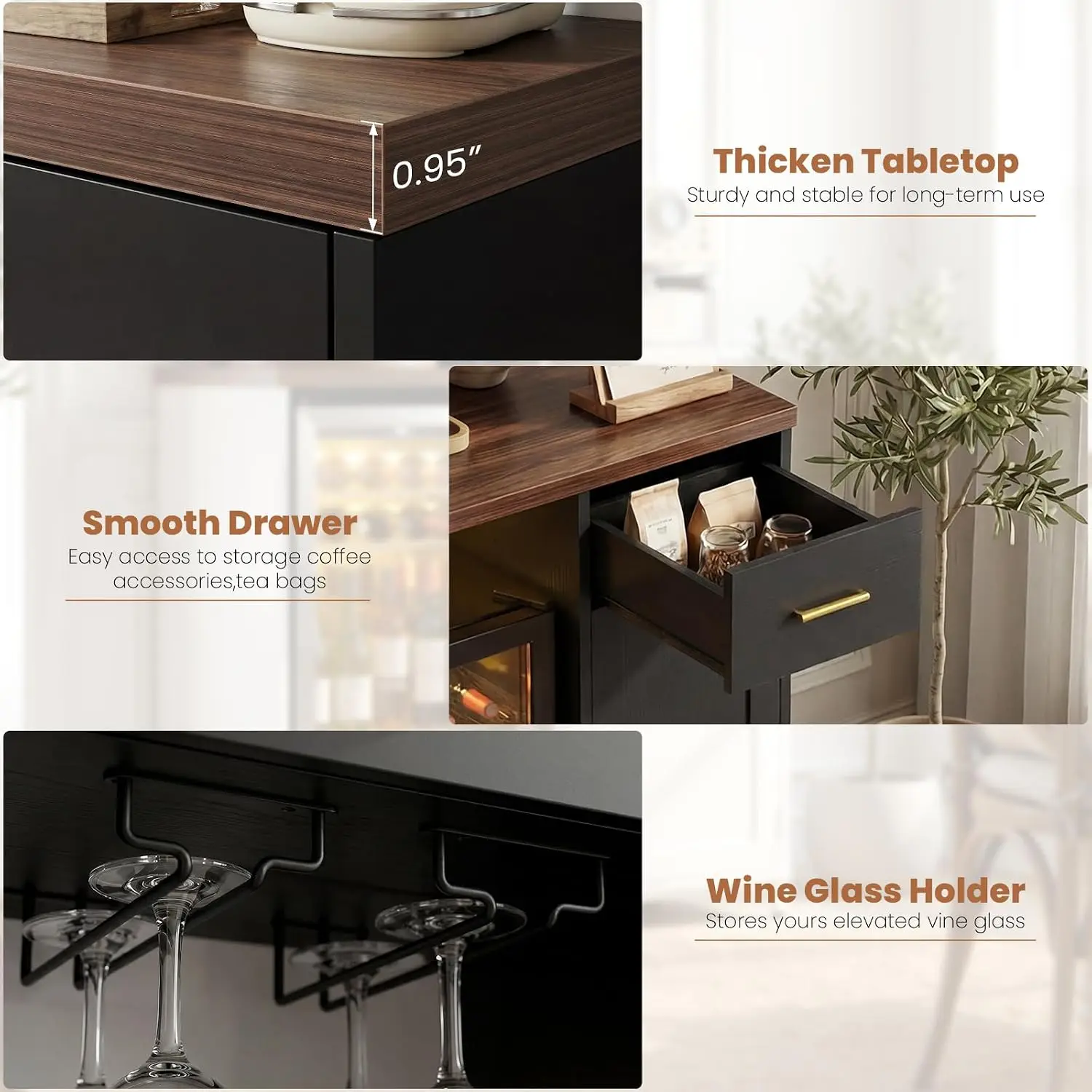Coffee Bar Cabinet with Fridge Space & Power Outlet, Black, Customized