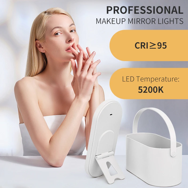 صندوق مكياج محمول باليد، حقيبة زينة LED مع بطارية 1500 مللي أمبير في الساعة 5200 كلفن ضوء أبيض حقيقي، منظم مستحضرات التجميل للسفر مع مرآة #4