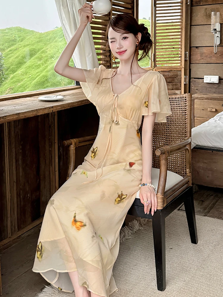 الصيف بوهو الشيفون طباعة Burfferfly فستان طويل غير رسمي المرأة شيك القوس الخامس الرقبة فستان مناسبات 2025 الكورية أنيقة Bodycon Vestidos