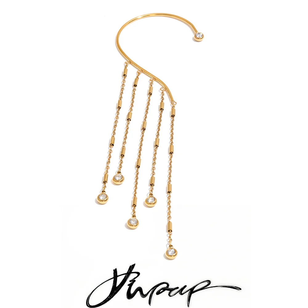 Yhpup Stainless Steel Ear Wrap Hook Earrings Zirconia Earrings Long Tassel Chain Drop Temperament Arrivals Jewelry