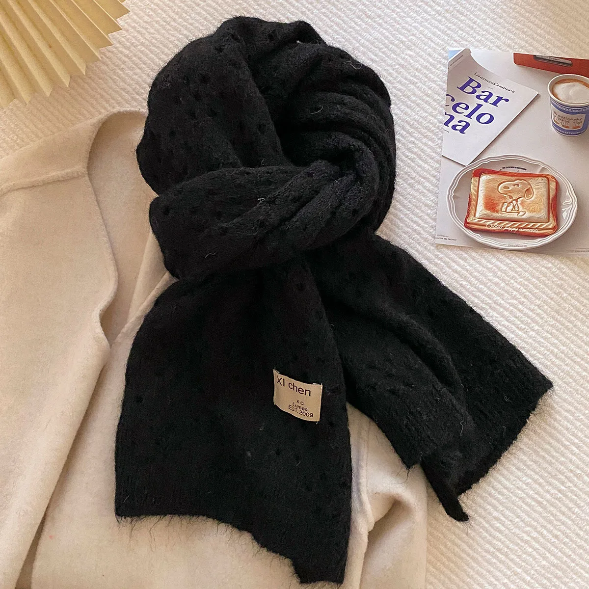 Women Casual Knit Shawl Solid Hollowout Long Scarf Soft Warm Breathable Versatile Winter Neck Scarf For Outdoor Daily