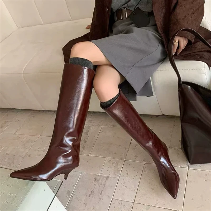 Botas de Mujer Estilo Urbano, Nuevas Botas de Invierno a la Moda, Botas Altas hasta la Rodilla con Punta Puntiaguda y Tacón Bajo, Zapatos Largos para Mujer, Zapatillas de Mujer