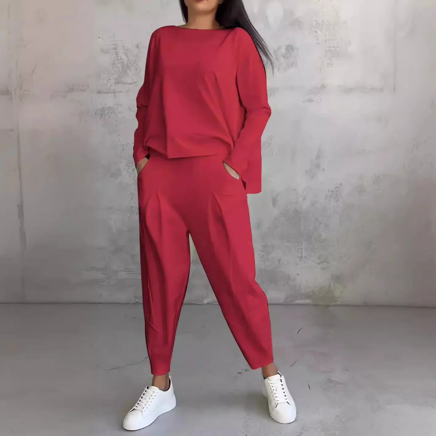 Autumn Long Sleeve Tees And Pencil Pant Sets Women 2024 Fashion Solid Color O-neck Loose Tops 2 Piece Set Female Clothing