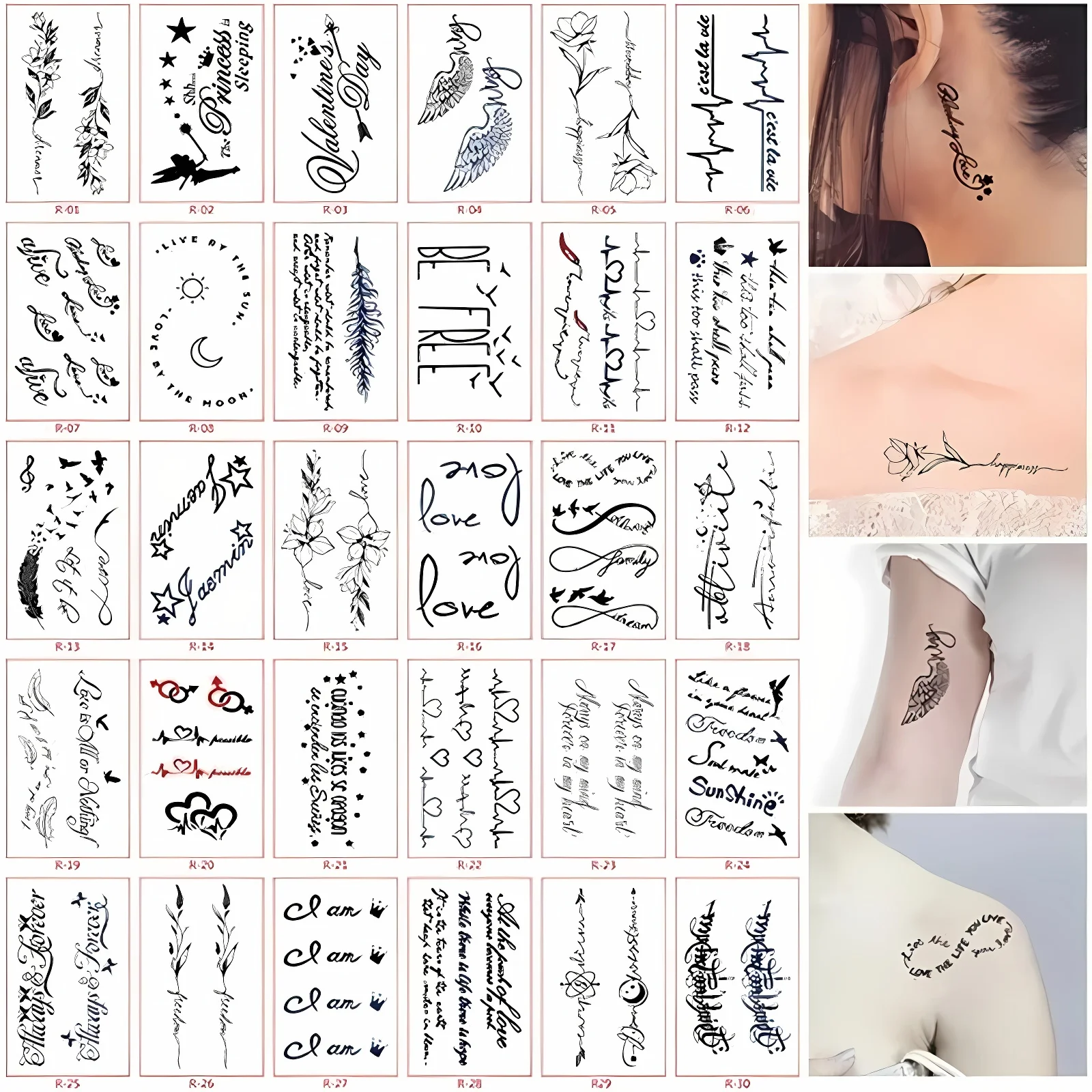 30pcs/set Realistic Temporary Tattoos Quotes Words Wild Flower Line Tiny Small Removable Fake Tatoo Stickers Women Girls Tatuaje