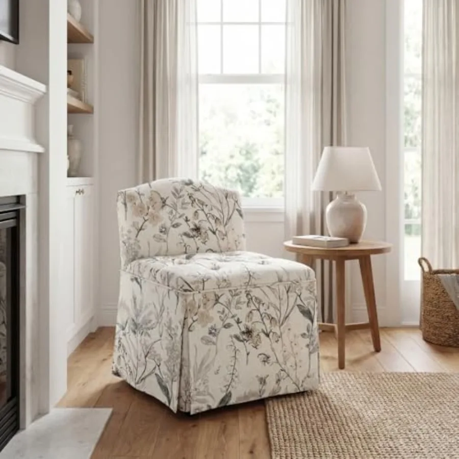 Makeup vanity chair with wheels for bedroom or living room use, upholstered floral pattern fabric, pink and white color, tufted view 5
