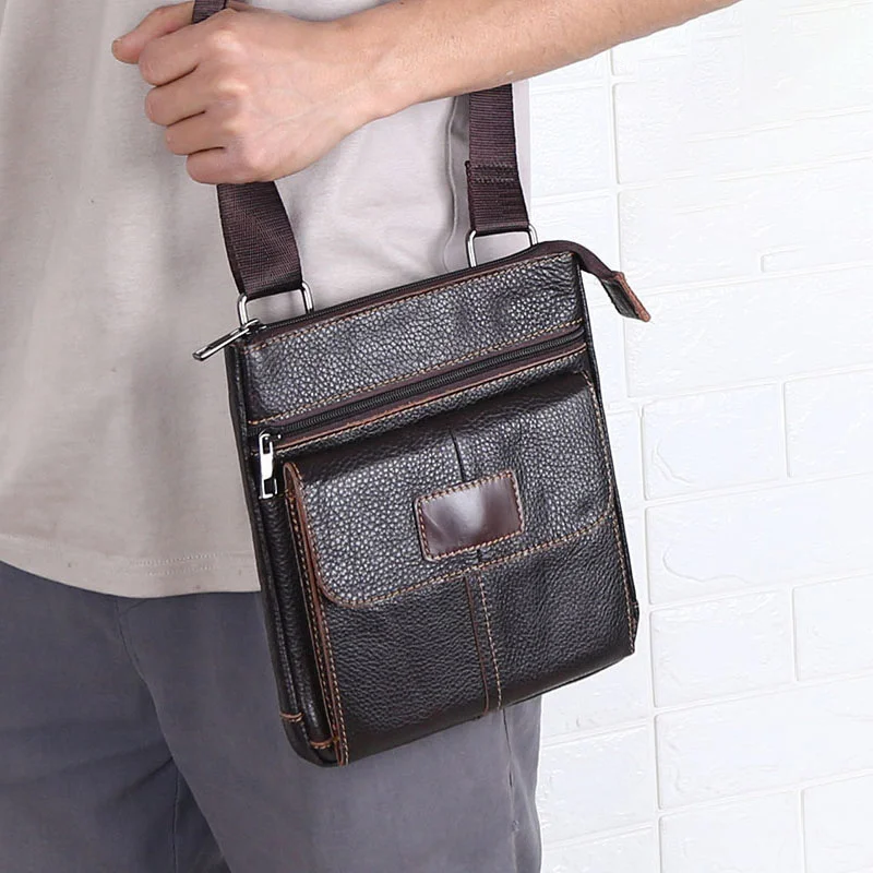 Mensageiro de couro genuíno para homens, bolsa de ombro tiracolo pequena monocromática, bolsa de negócios vintage casual, nova moda