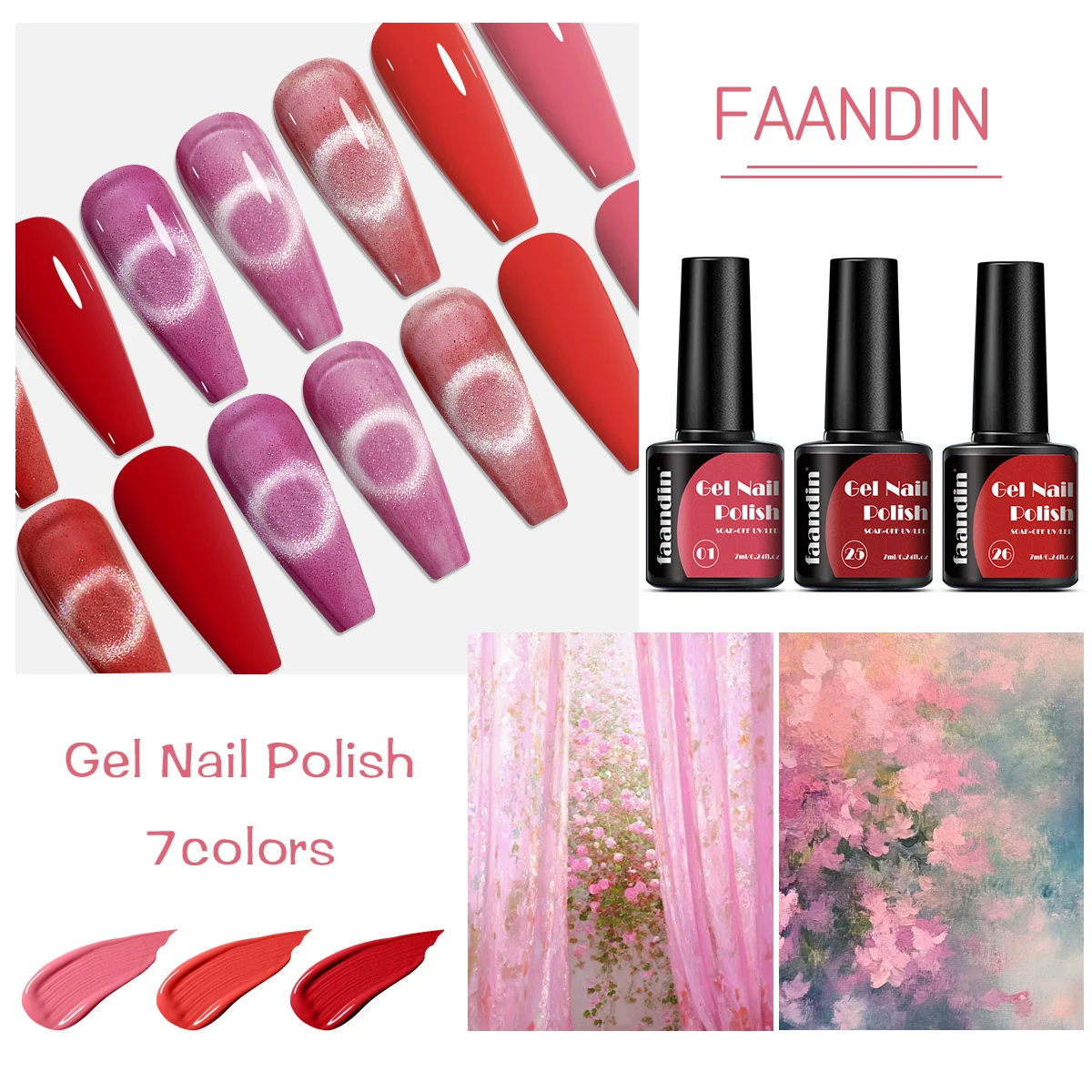 7 pezzi/set Faandin 0. 24oz*7 bottiglie, colore solido perlato, occhio di gatto di cristallo, set di smalti per unghie in gel rosa cipolla glitterato, colori ricco, adatto per l'autunno e l'inverno, set di smalti per unghie gel per unghie di alta qualità, resistente all'usura, non facile da sbiadimento