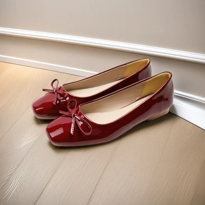 

Women Bowknot Flat Shoes Fashion Elegant Slip on Square Toe Dress Shoes Spring and Summer Comfort Ladies Moccasins Plus Size 43