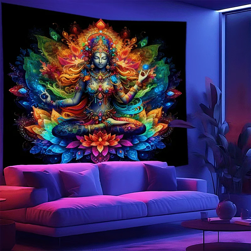 Hindu Goddess Tapestry Durga Lotus Throne Meditation Space Exotic Living Room Cultural Theme Room Decor