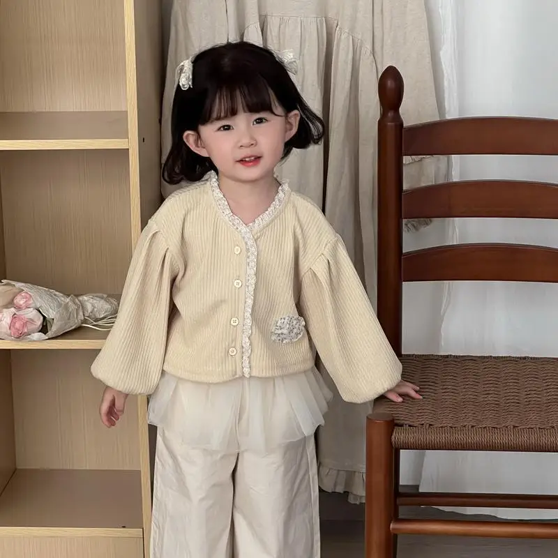

2025 Spring New Children Long Sleeve Knitted Coat Girls Lace Knitwear Toddler Loose Cardigan Jacket Kids Cotton Casual Clothes