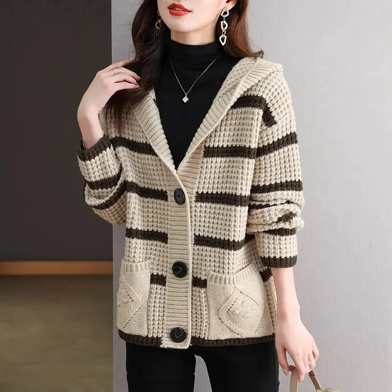 

Striped Hooded Sweater Coat Women'sLong Spring Autumn Clothes 2024 New Knitwear Jacket Loose Fashion Cardigan Coat Female Tops