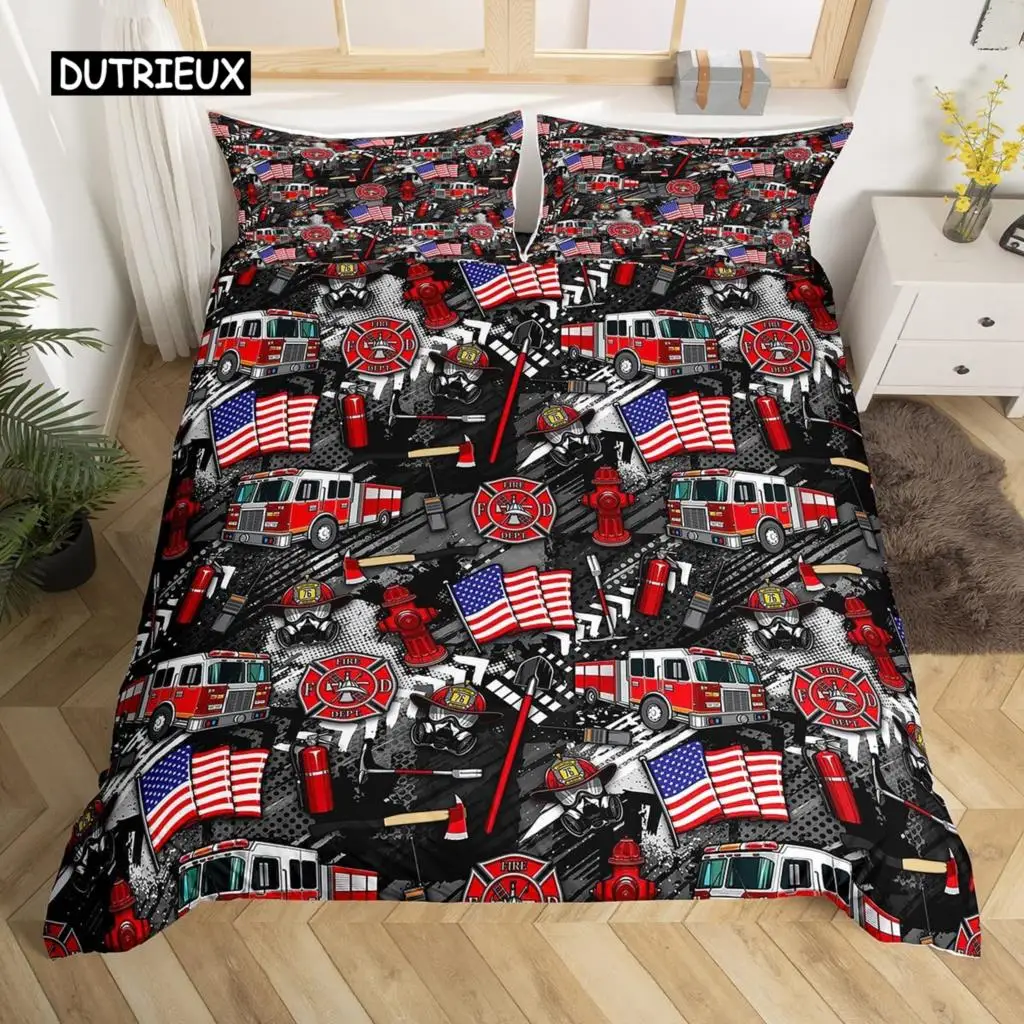 

American Flag and Fire Truck Duvet Cover Set Twin Comforter Cover with Pillowcase Bedclothes USA Flag Fire Polyester Qulit Cover