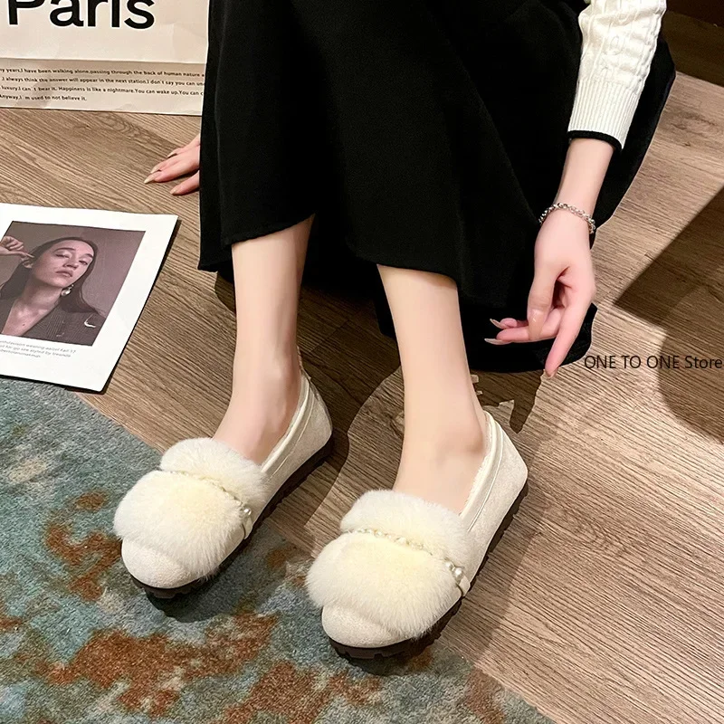 Pearl White Women Fur Round Toe Flats Slip on Shoes for Woman Winter Plush Warm Boots Femme Cotton Loafers Mary Jane Plus Size