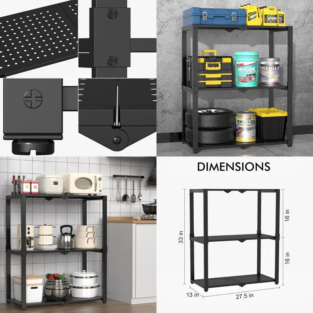 

Прочный металлический стеллаж, 28x13.5x33.5, черный, для гаража, кухни и спальни