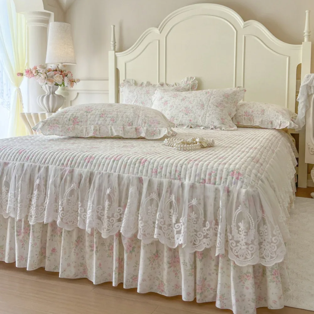 Pure Cotton Padded Quilted Bedspread Double Ruffle Lace Bed Skirt Lace Small Fresh Floral Quilt Cover Universal All Seasons
