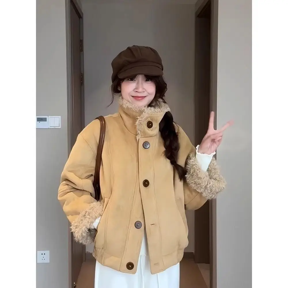 

Корейская мужская зимняя куртка с подкладкой из искусственного меха, утепленная, свободного кроя, универсальная, в уличном стиле, теплая верхняя одежда, новинка 2025 года