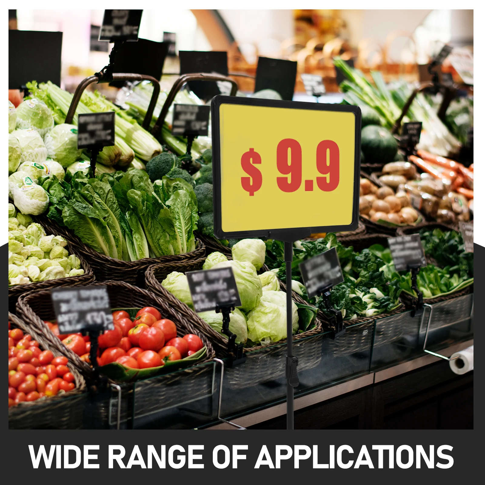 

Modern Supermarket Price Board Stand with Reusable Label Holder for Fruit Vegetable Pricing Clear Signage in Stainless Frame