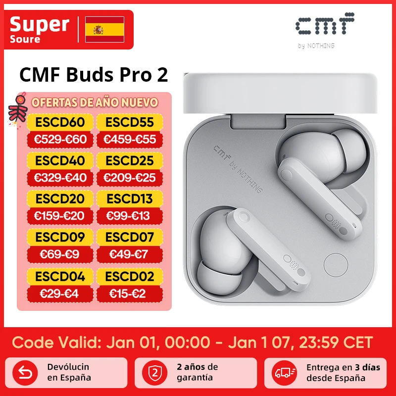 Global Verison CMF by Nothing Buds Pro 2 Auriculares inalámbricos híbridos con cancelación activa del ruido de 50 dB 6 HD MICS IP55 Bluetooth 5.3 CMF Buds Pro 2 Earphones