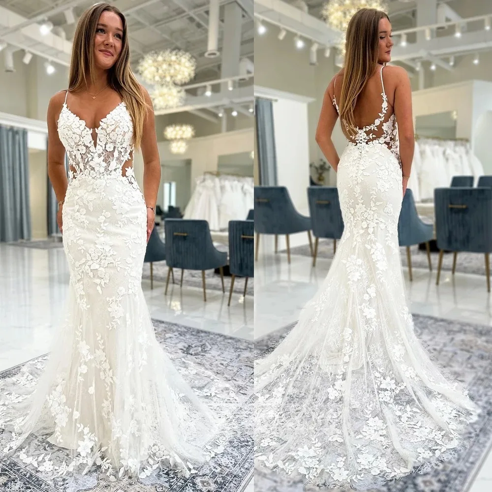 

Boho Women's Mermaid Wedding Dresses Spaghetti Strap V-neck Sleeveless Lace Appliques Backless Bridal Gown Vestido de novia