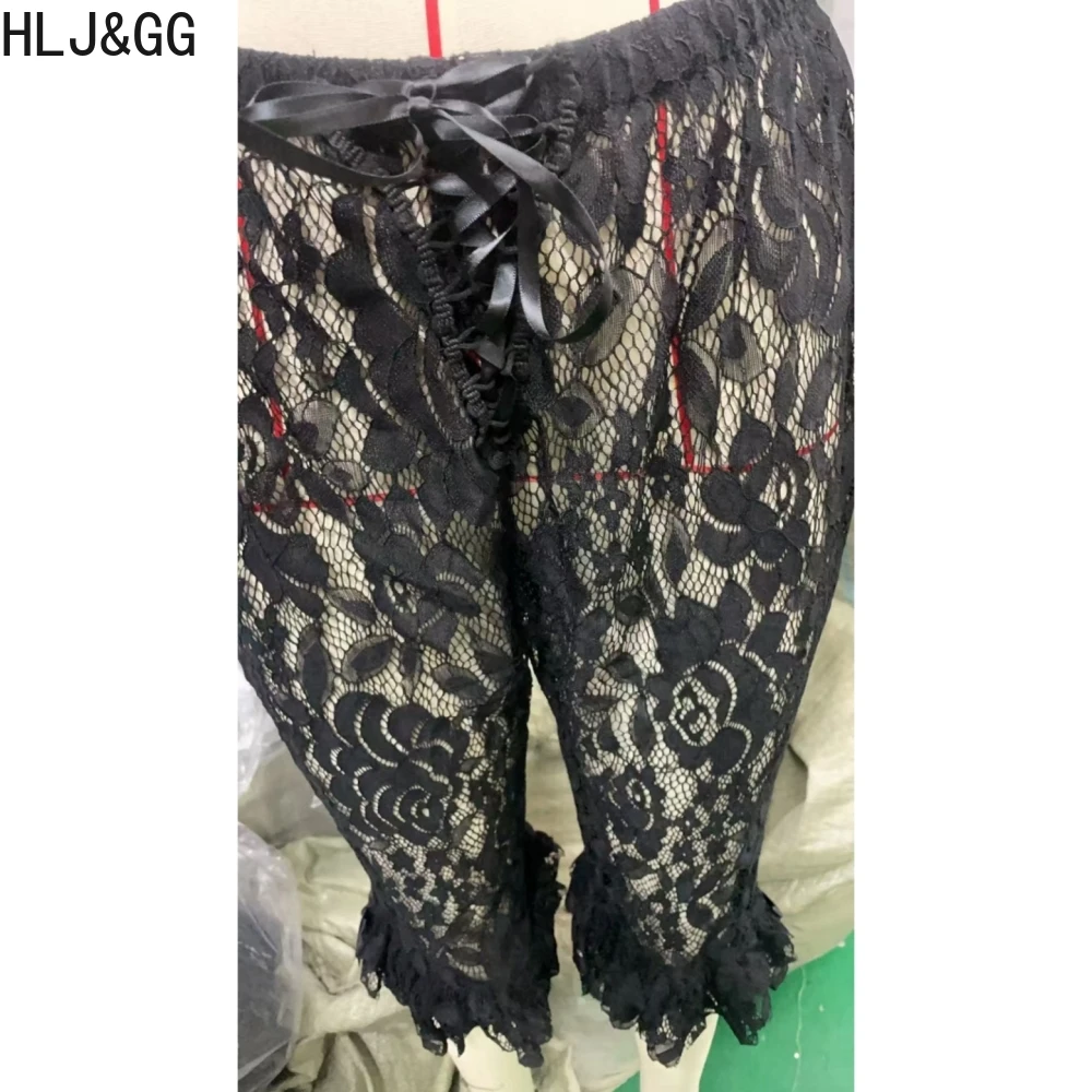 HLJ&GG Sexy Lace See Though Bandage Skinny Shorts Two Piece Sets Women V Neck Spaghetti Strap Slim Crop Top And Shorts Outfits