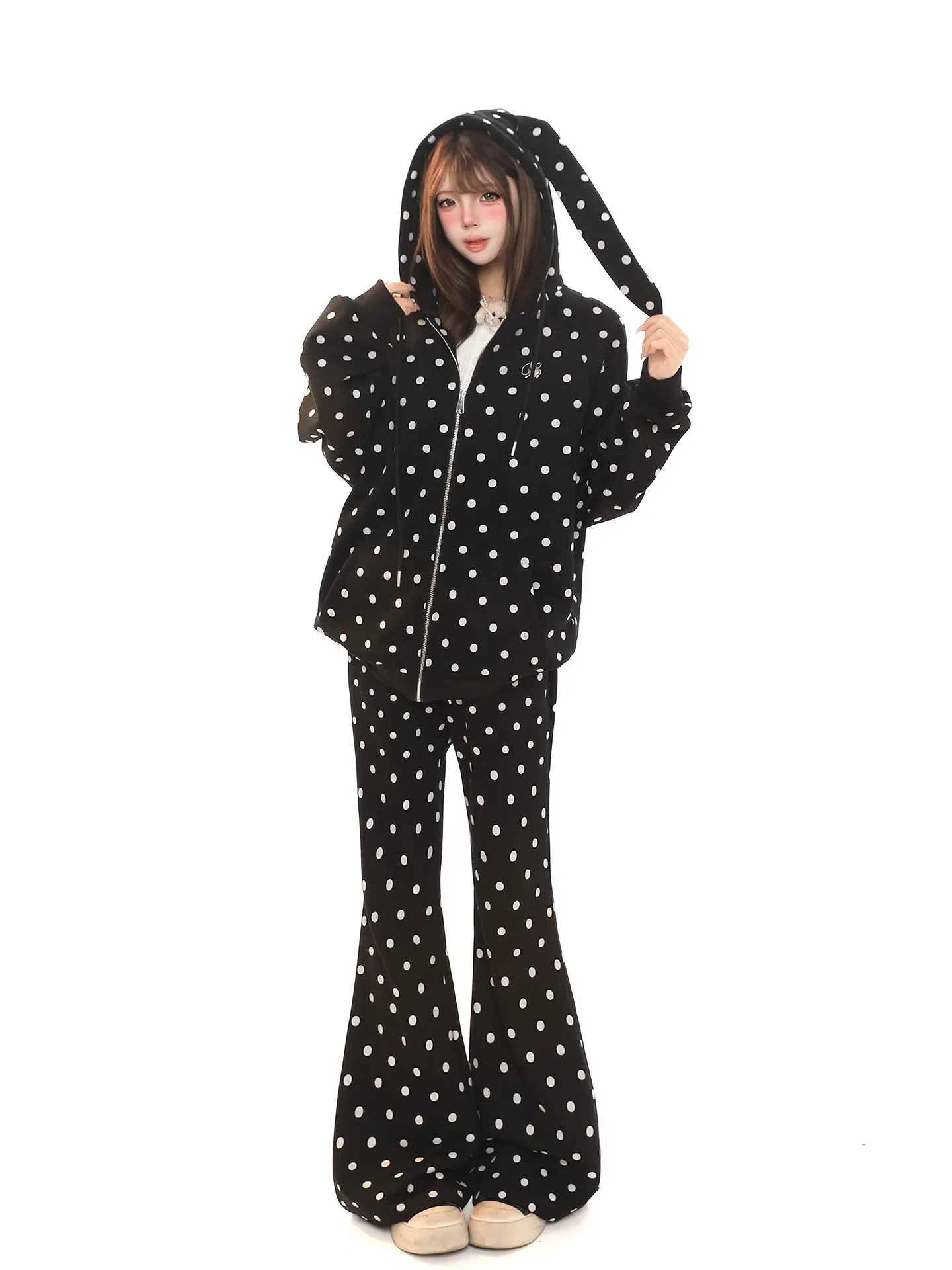 

Ретро-американский повседневный комплект в горошек для женщин: весенний корейский свободный худи и расклешенные брюки, модный комплект из двух предметов свободного кроя