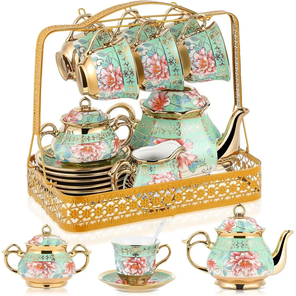 

Elegant Gold-Plated Vintage Floral Porcelain Tea Set for Adults with Metal Holder, European Style Ceramic Tea Party Cup Set