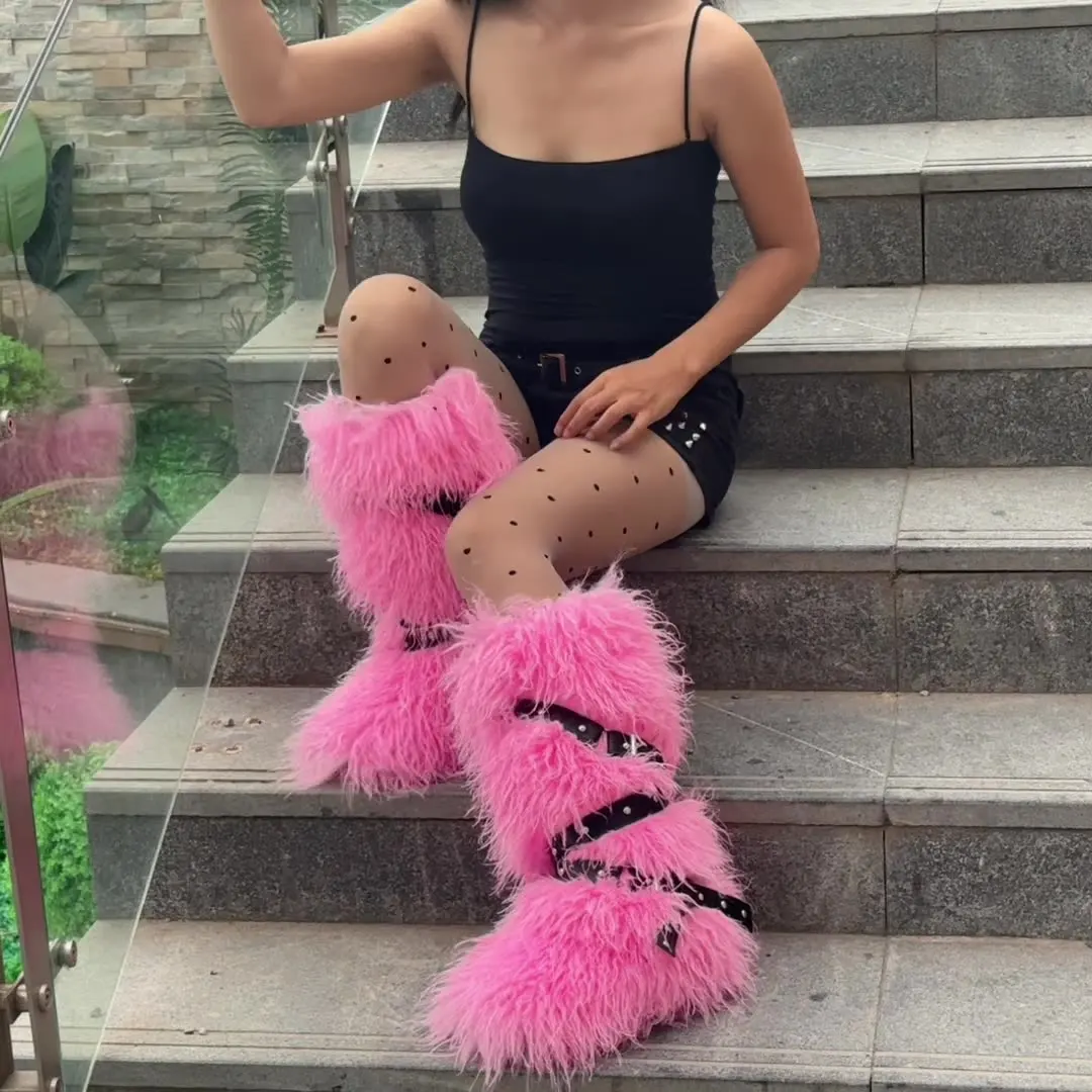 

IPPUEM Fur Boots 2025 New Winter Knee High Flat Heel Snow Boots Long Plush Shoes