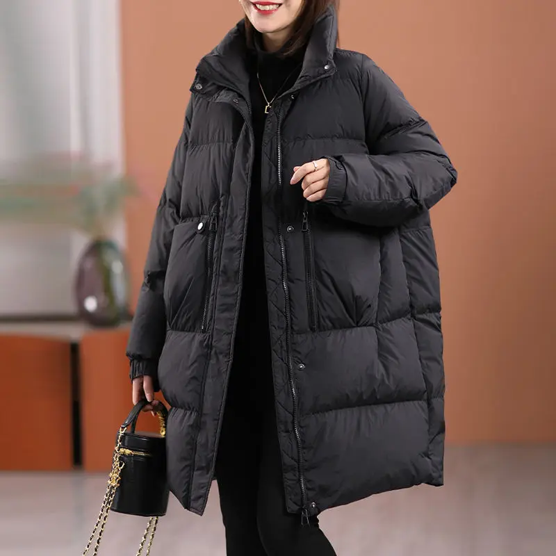 Zimowa europejska moda damska kurtka puchowa wiatroodporna ze stójką ciepła kurtka z białego puchu kaczego