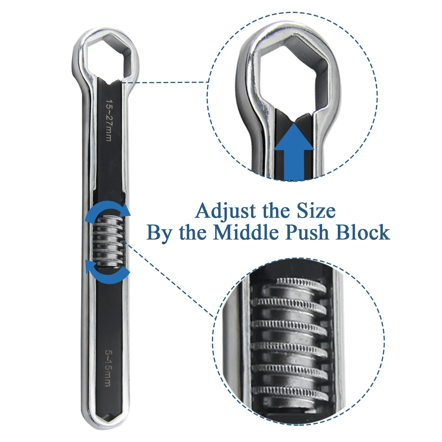 مفتاح ربط حلقي مزدوج الأطراف متعدد الوظائف قابل للتعديل، مفتاح ربط نهاية صندوق الأوفست، 5-15 مم - 15-27 مم، مفتاح ربط بسقاطة عالمي برأس مزدوج