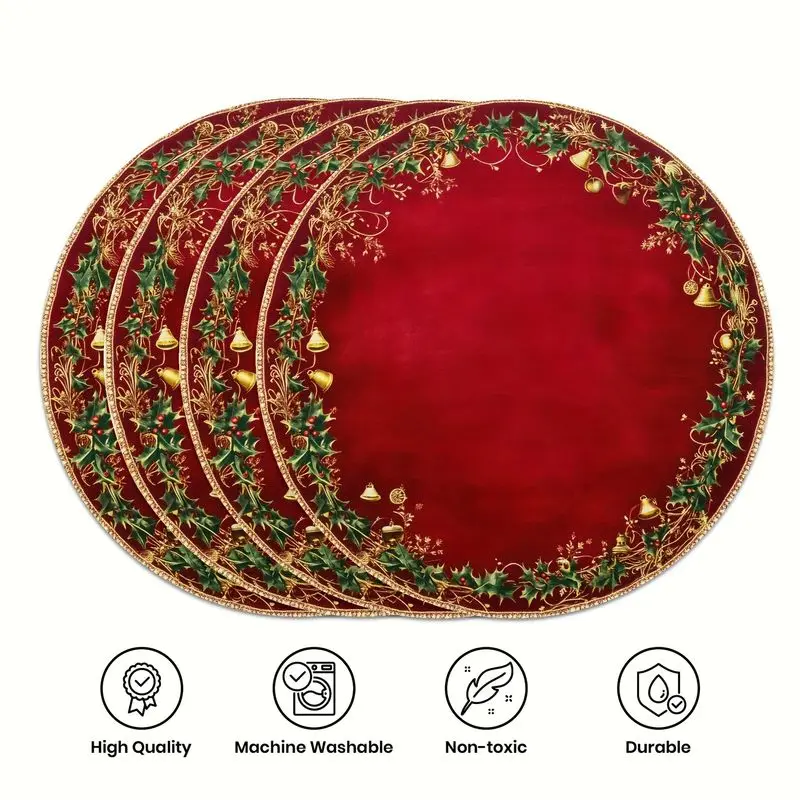 Dark Green Pine Branches And Golden Merry Christmas Lace Placemat Wear-Resistant Plate Mat Home Dining Table Decor Placemat