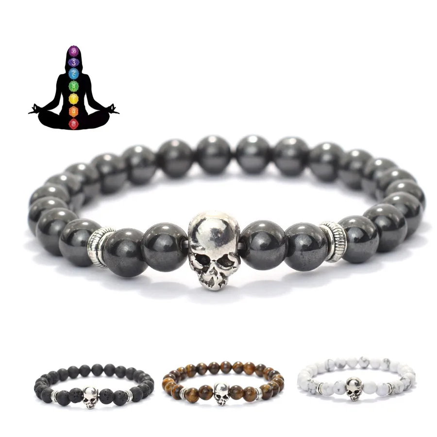 Retro Halloween Skull Bracelet For Men 8mm Lava Tiger Eyes Hematite Healing Braclet Hiphop Accessories Cycling Braslet Homme